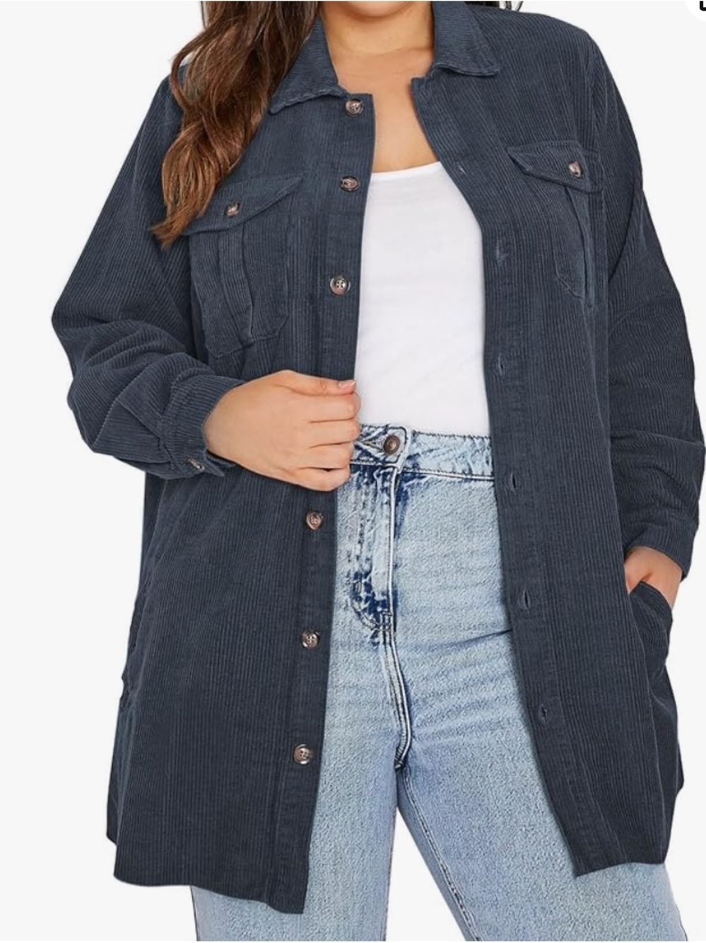 Eytino Women's Plus Size Long Sleeve Button Down Navy Blue Corduroy Jacket NEW